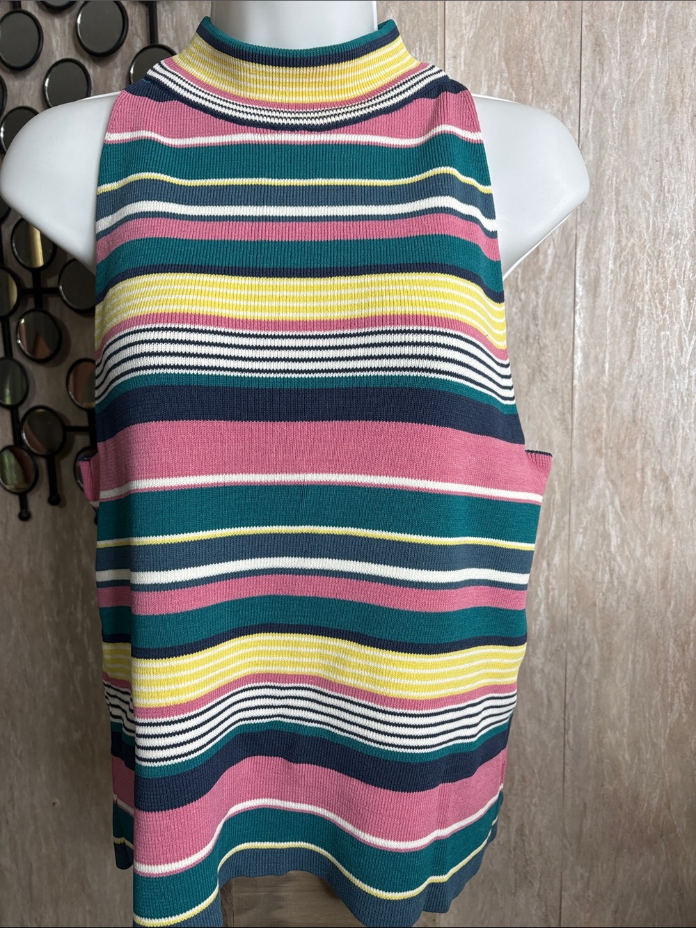 Maeve Striped Mock Neck Tank in Teal, Pink, Yellow & Navy
